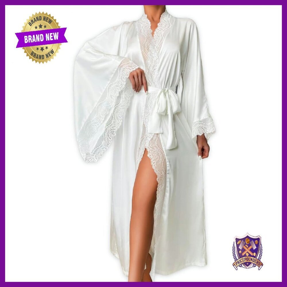 Silk Satin Lace-Trim Robe, Bell Sleeves, High Slit, Wedding Night Boudoir